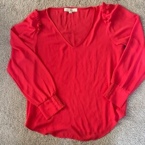 LOFT Coral Pink V-Neck Ruffle Shoulder Blouse
